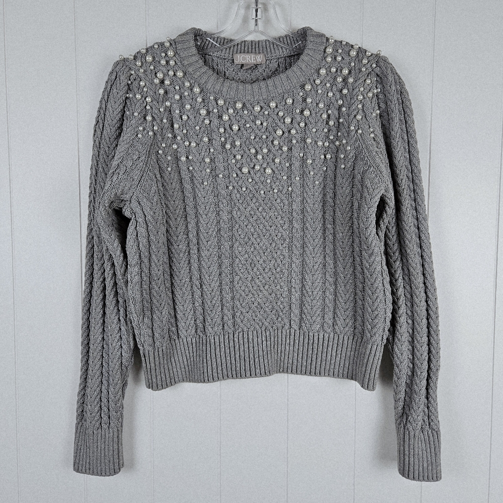 J Crew Sweater Chunky Cable Knit Gray Pearls Crop Dressy Holiday Womens Large